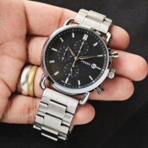 Fossil For Men Dial Color: Black Case Shape: Round Dial Glass Material: Mineral Band Color: Silver